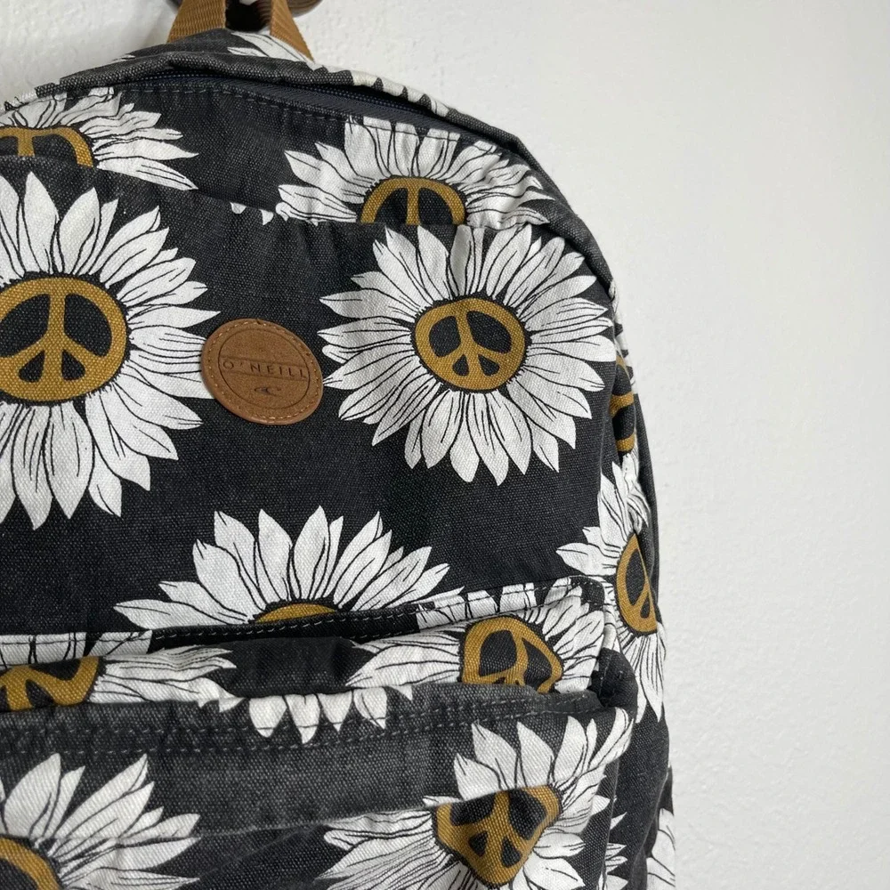 O'Neill Sunflower Peace Sign Canvas Backpack Black Tan Boho Surf Daypack